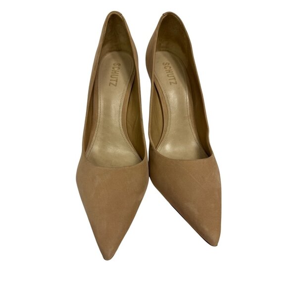 Schutz Lou Women's Suede Pump Tan Stiletto Pointed Toe Size 10 Heels Dress - Picture 2 of 9